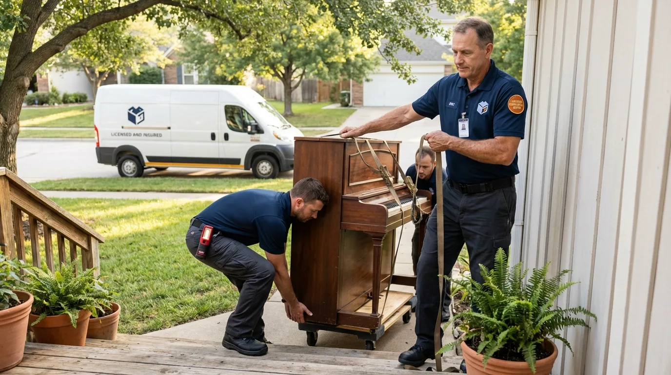 Licensed piano movers securing grand piano in Royalston, MA