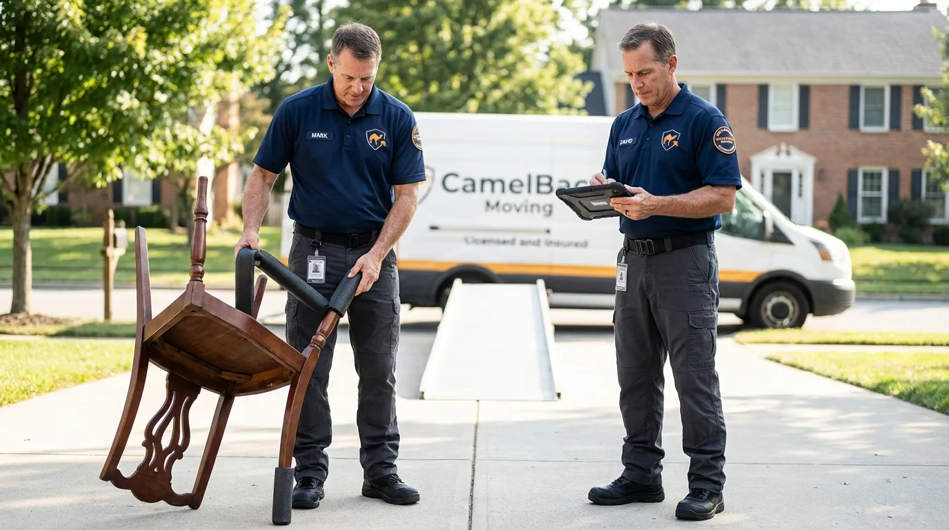 Movers inspecting furniture for damage prevention before loading in Royalston, MA