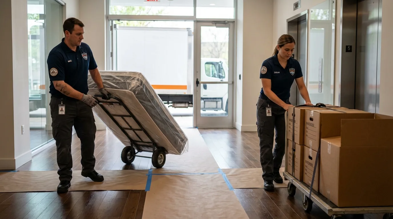 Professional apartment movers loading elevator in Royalston, MA