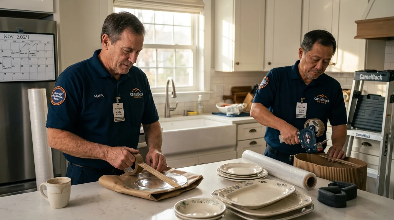 Professional crew packing kitchen dishware in Royalston, MA